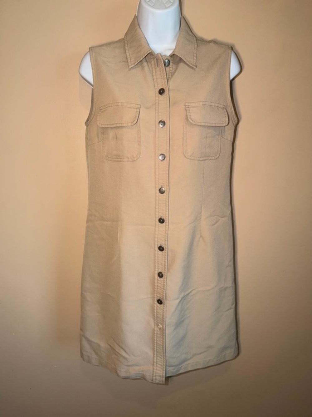Christopher & Banks Women’s Tan Sleeveless Button Down Shirt Dress